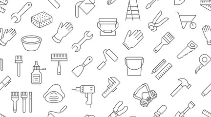 Building tools background, repair equipment seamless pattern with flat line icons of paintbrush, wrench, screwdriver, hammer and others. Construction works vector illustration black white color