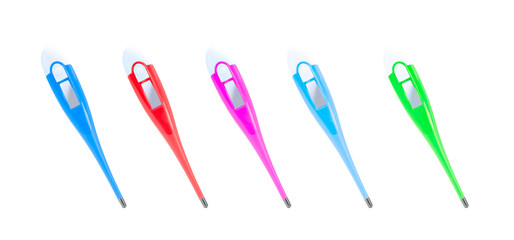 Digital body thermometer collection isolated on white background. Thermometer mockup with empty screen. Digital device for measuring the temperature of the human body.