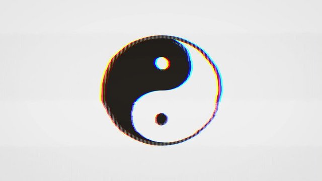 Yin Yang Logo Concept With Glitch Retro Effects/ 4k animation of a yin yang philosophy symbol rotating with glitch and twitch noise texture