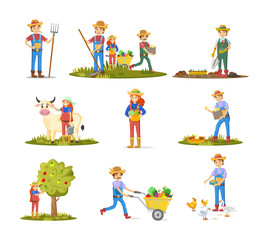Fototapeta premium Farmers, agricultural work characters. Agriculture, livestock, poultry farming, organic farm. Farmers working on rural farmland, carrying fruits, milking cow, collecting apples. Vector illustration.