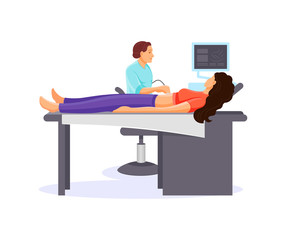 Medical check up ultrasonography. Doctor examining patient pregnant woman with scanner, in medical office or laboratory. Medical tests ultrasound. Procedure for scanning internal organs vector