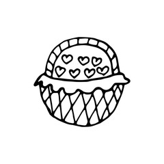 Hand drawn wicker basket with hearts isolated on a white background. Doodle, simple outline illustration. It can be used for decoration of textile, paper.