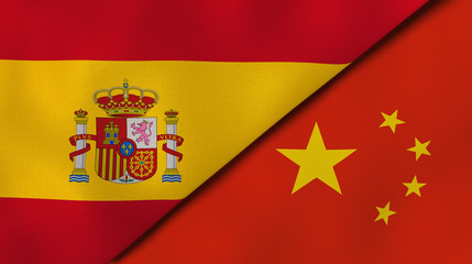 The flags of Spain and China. News, reportage, business background. 3d illustration