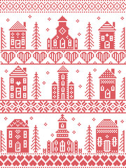 Rectangle Nordic Christmas pattern including Nordic Christmas scenery  Winter Village Church , house, cottages, town hall in cross stitch with heart, snowflake, snow, Christmas  tree, forest, stars in