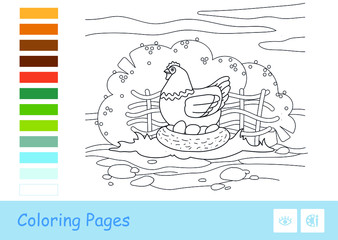 Brood chicken sitting on eggs in nestle on countryside farm bird yard with garden background. Contour preschool kids coloring book. Colorless image of domestic animal with possible colors palette.