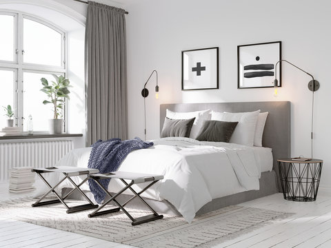 3d rendering of a white Scandinavian bedroom with ceiling lamp, a blue blanket throw, stools and a 2 art frames

