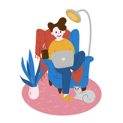 Men who work on a laptop are sitting in a chair. A cozy illustration about working from home, home office with a cat.