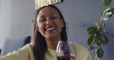 POV WEBCAM VIEW Happy smiling Hispanic female clinking glasses while having a video call with partner of friends - Powered by Adobe