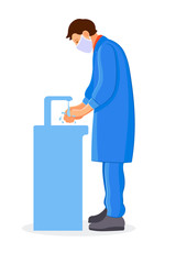 Hygiene and protection against colds, viral diseases, microbes, bacteria and infections. Coronovirus Prevention. Man washes hands with an antiseptic, in protective medical mask. Vector illustration.