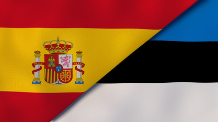 The flags of Spain and Estonia. News, reportage, business background. 3d illustration