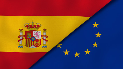 The flags of Spain and European Union. News, reportage, business background. 3d illustration