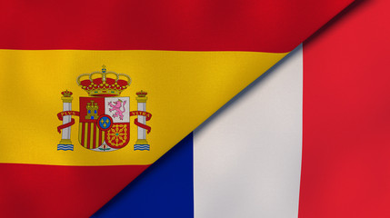 The flags of Spain and France. News, reportage, business background. 3d illustration