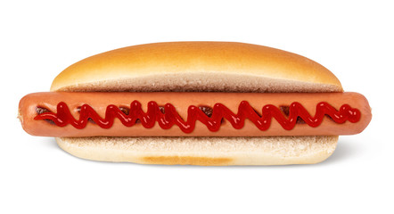 Hot dog with ketchup on white