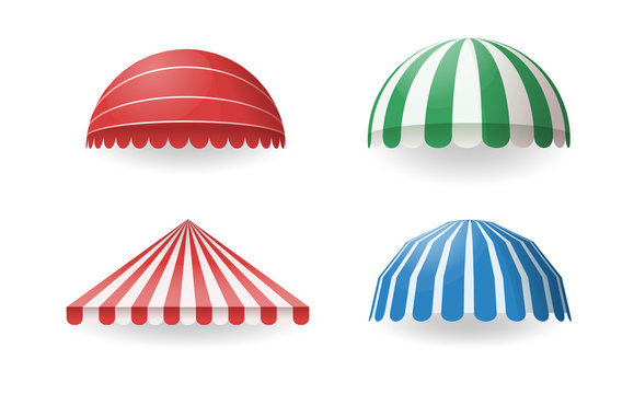 Various color awnings for shops, cafes, hotels, street restaurants. Sunshade for store. Mockup of open striped awnings for outlets and shop windows, marketplace tent roofs canopy. Vector illustration.