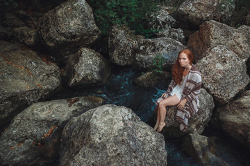 Obraz premium Sensual close up outdoor portrait of ginger girl with freckles.