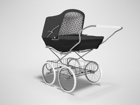 3D rendering black metal stroller with luggage carrier on gray background with shadow