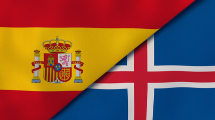 The flags of Spain and Iceland. News, reportage, business background. 3d illustration