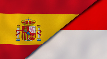 The flags of Spain and Indonesia. News, reportage, business background. 3d illustration