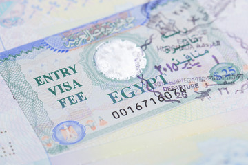 Egyptian visa in a passport closeup. Macro.