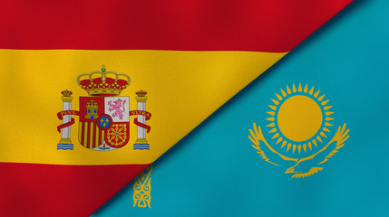 The flags of Spain and Kazakhstan. News, reportage, business background. 3d illustration