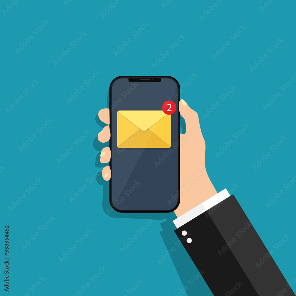 Poster message on phone screen. hand holding mobile with new email, sms. notifications with alert on smartp