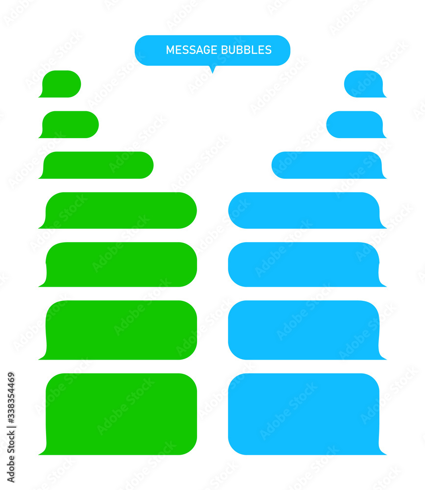 Poster message bubbles for text chat. sms, mms, speech box in mobile phone app. green and blue interface of