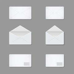 Blank white letters. White paper open and close envelopes isolated on background. Postcard template. Mail card mockup for office and corporate. Realistic postal document with address. Vector