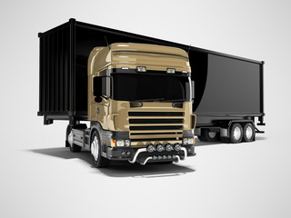 3d rendering brown road freight dumper with black semi trailer unfolding on gray background with shadow