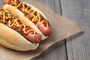 Barbecue Grilled Hot Dog with Yellow Mustard and ketchup
