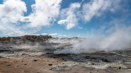 Hverir Myvatn geothermal area with natural steam vents and mud pools all around Lake Myvatn, the Hverir geothermal fields, Iceland