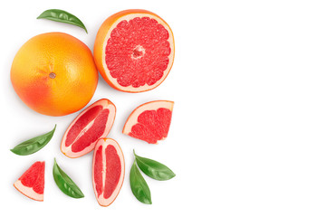 Grapefruit and slices isolated on white background. Top view with copy space for your text. Flat lay. With clipping path and full depth of field