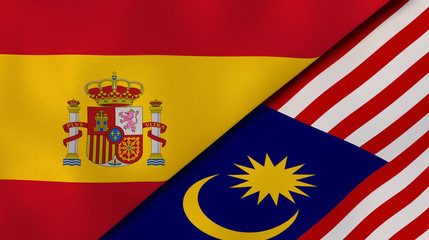 The flags of Spain and Malaysia. News, reportage, business background. 3d illustration