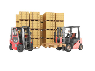 3d rendering of group of forklift truck loading boxes on pallets on white background no shadow