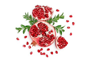 Pomegranate peaces isolated on white background with clipping path and full depth of field. Top view. Flat lay