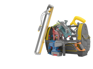 3D rendering orange open bag with tools for interior construction work on white background no shadow