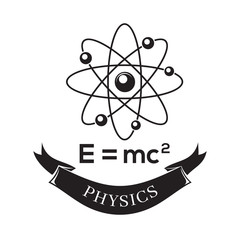 Fototapety  Black and white vector icon science physics. E equals mc2. Formula for the equivalence of mass and energy. Theory of relativity. Science atom symbol icon. Vector illustration
