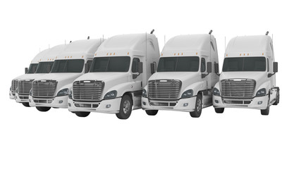 Obraz na płótnie Canvas 3d rendering of concept of group of white trucks for long distance trucking side view on white background no shadow
