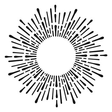Sunburst doodle line art. Hand drawn sun burst, round banner with circle explosion. Retro sketch radial rays, black frame isolated on white background. Handmade design element