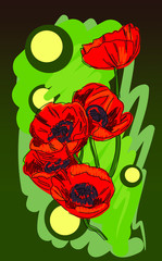 Cute spring poppies flowers, hand drawing, flat