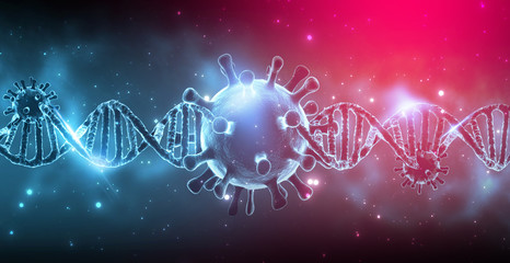 DNA chain and coronavirus Covid-19. Abstract medical background, microbiological environment under the microscope. 3d illustration