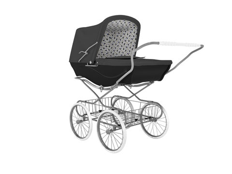 3D rendering black metal stroller with luggage carrier on white background no shadow