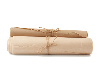 stack of twisted rolls of brown paper isolated on white background
