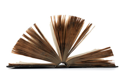 open very old book with yellow sheets isolated on white background