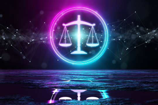 Digital law holographic icon illuminating the floor with blue and pink neon light 3D rendering