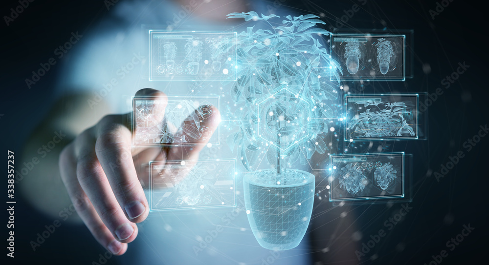 Leinwandbilder man holding and touching holographic projection of a plant with digital analysis 3d rendering