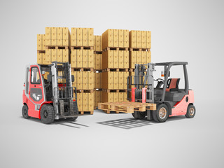 3d rendering of group of forklift truck loading boxes on pallets on gray background with shadow