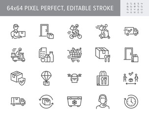 Food delivery line icons. Vector illustration included icon as coutier on bike, door contactless delivering, grocery list outline pictogram for fast distribution. 64x64 Pixel Perfect Editable Stroke