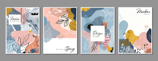 Vector collection of trendy creative cards with hand drawn floral elements, flowers and palnts and different textures.