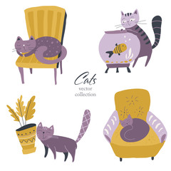 Vector collection of cute cats in simple flat style.
