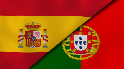 The flags of Spain and Portugal. News, reportage, business background. 3d illustration